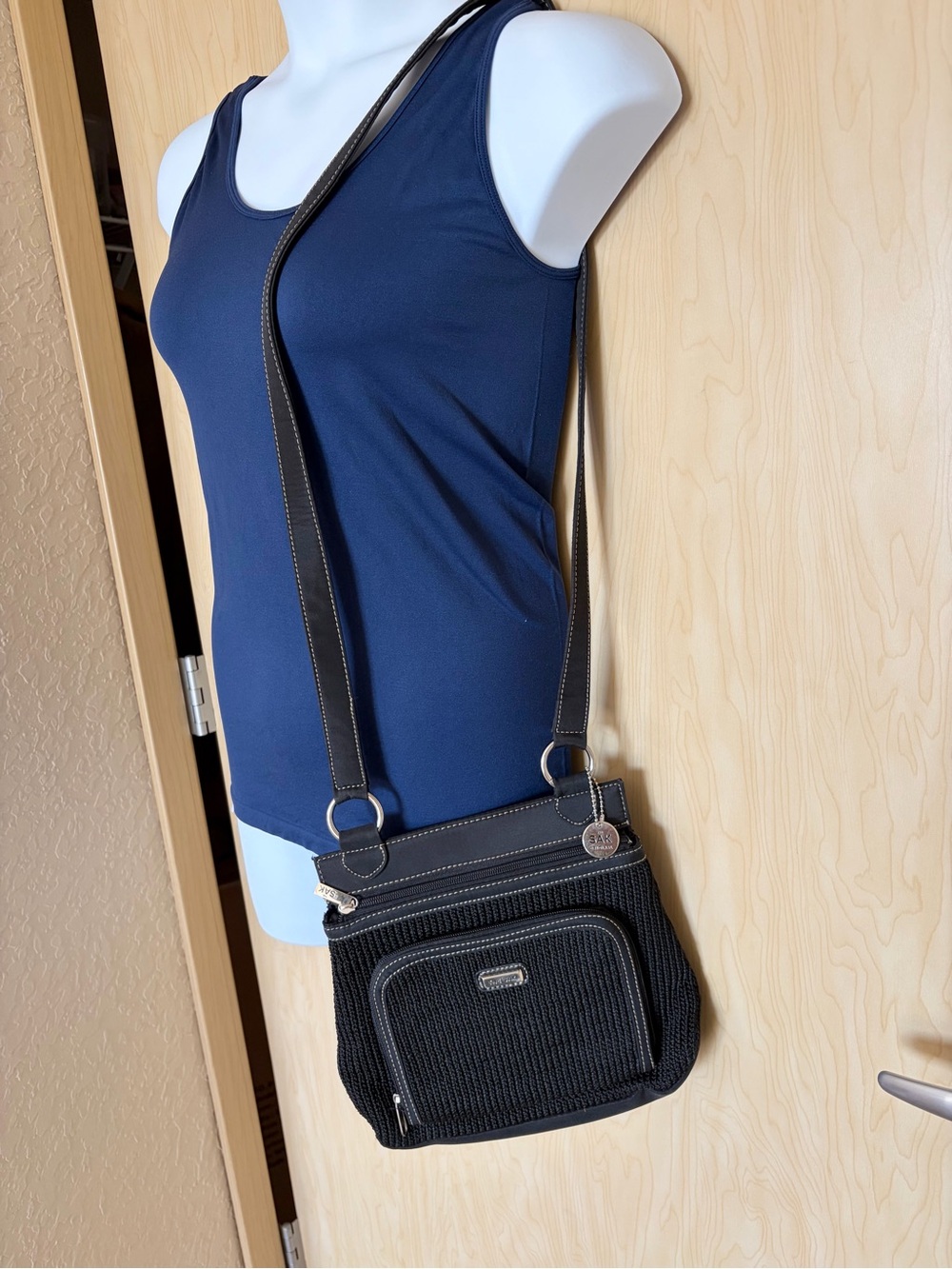 The Sak Black Crossbody Bag with Front Zip Pocket Crochet BoHo